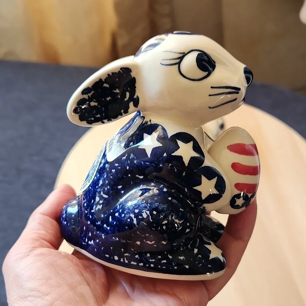 Lot of 2 Boleslawiec Ceramika Bunny Rabbit Patriotic USA Polish Figurine